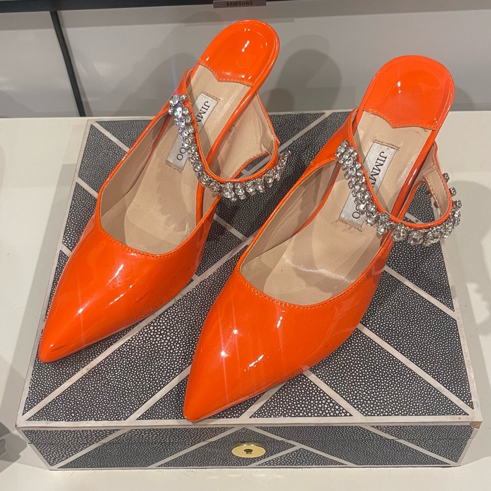 Authentic Jimmy ChoonOrange  heels with rhinestones